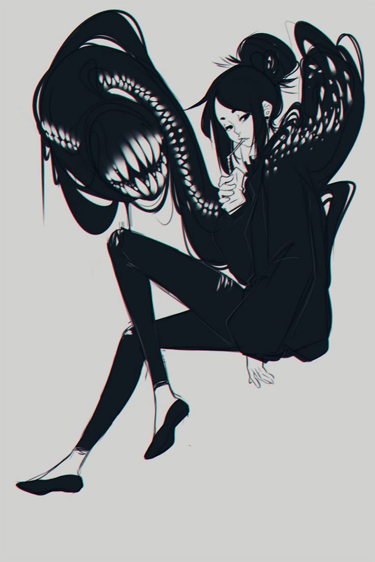 an animestyle illustration depicts a girl with black hair styled in a bun. she is dressed in black attire and sits in a relaxed pose. emanating from her back are large, dark, monstrous wings adorned with teeth, adding a dark fantasy element to the image. she is holding a straw in her mouth.