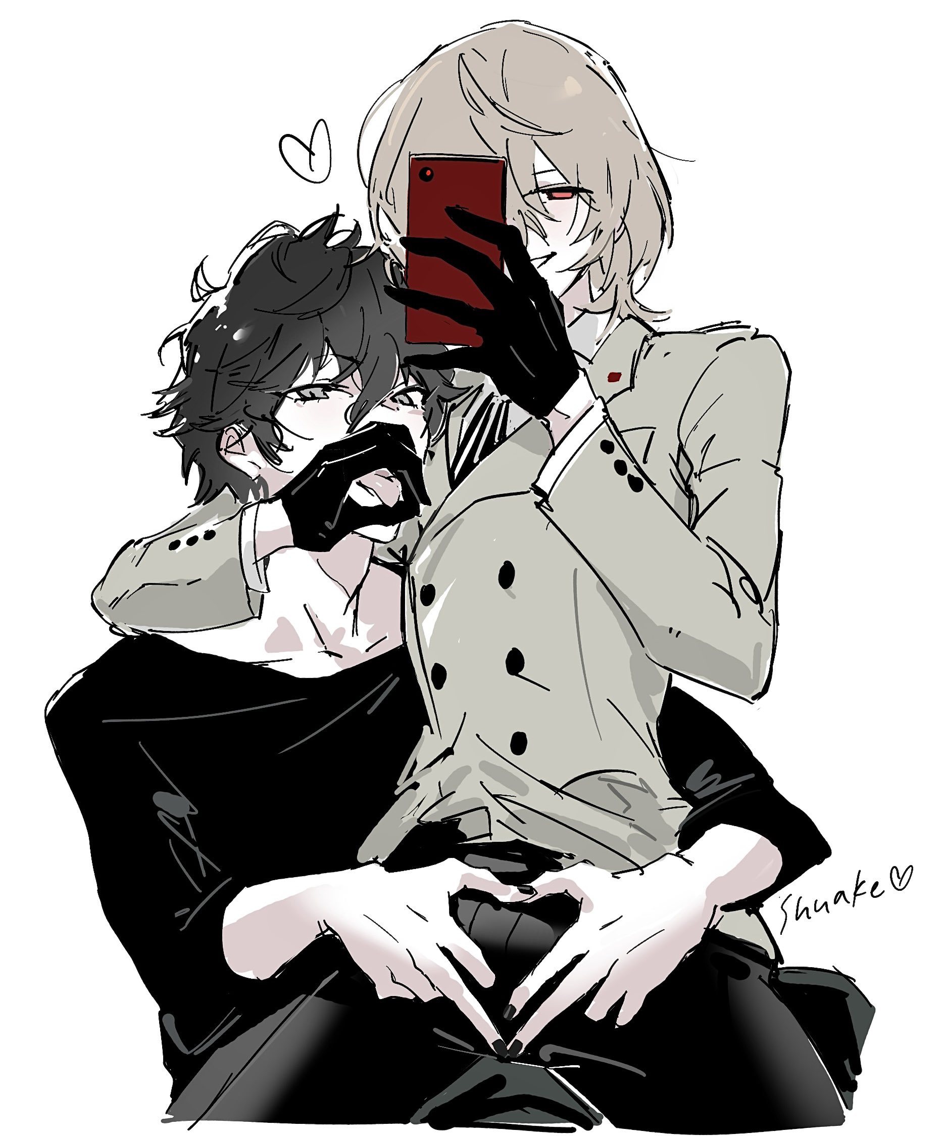 an anime couple is hugging. the boy is wearing a black outfit while the girl is wearing a beige coat. they are both holding a red phone and looking at the camera. the girl is also making a heart sign with her hands. they are both smiling. there is a heart drawn above the boy's head. the scene is filled with romance and love.