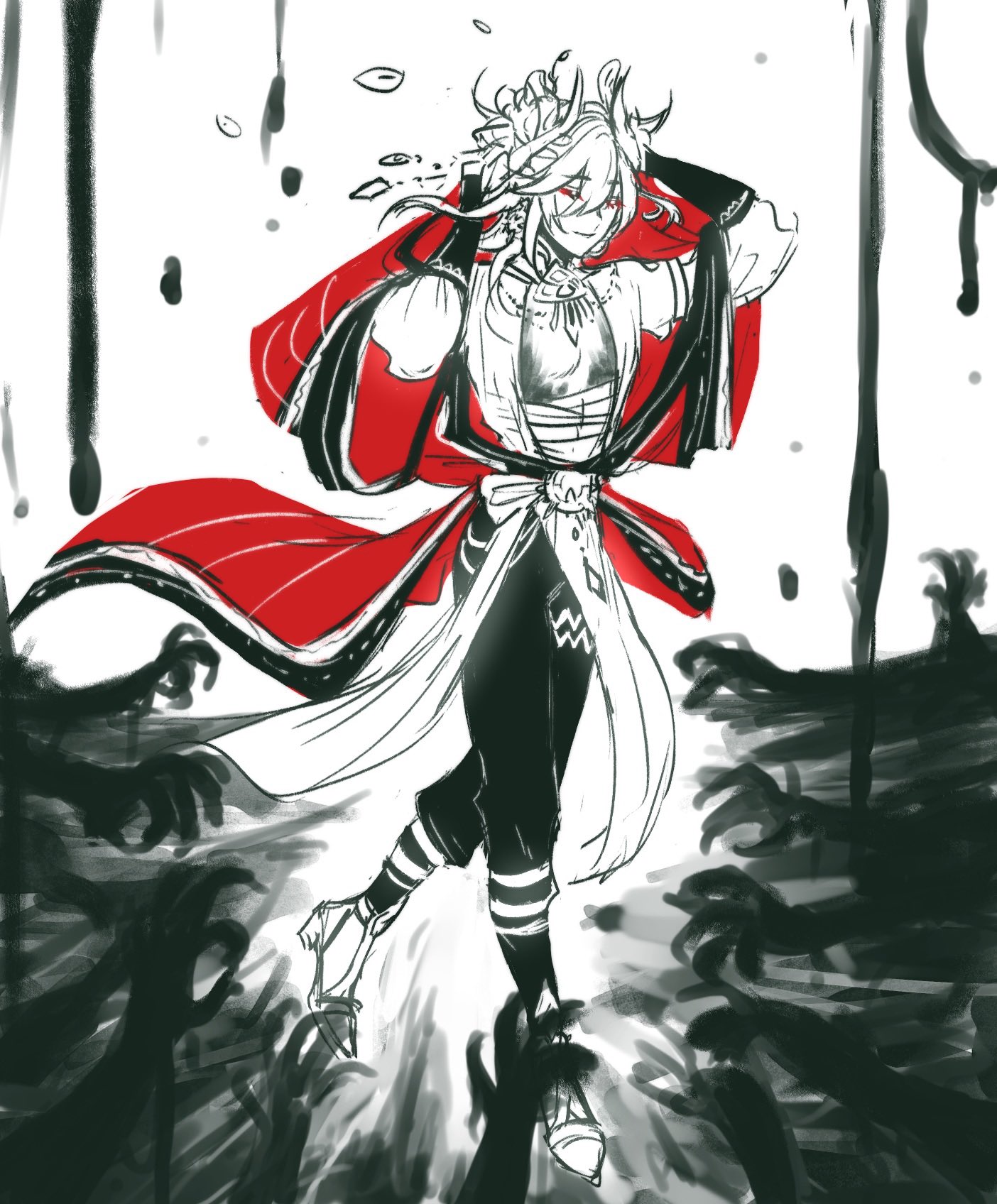 a digital illustration of a young woman standing in a dark setting with her back to the viewer. her red cape is billowing in the wind and she is surrounded by black, shadowy hands. her eyes and mouth are open and she appears to be surprised or afraid.  her hair is long and flowing, and she appears to be wearing a long white dress. the background is a black abyss with shadowy figures lurking in it.