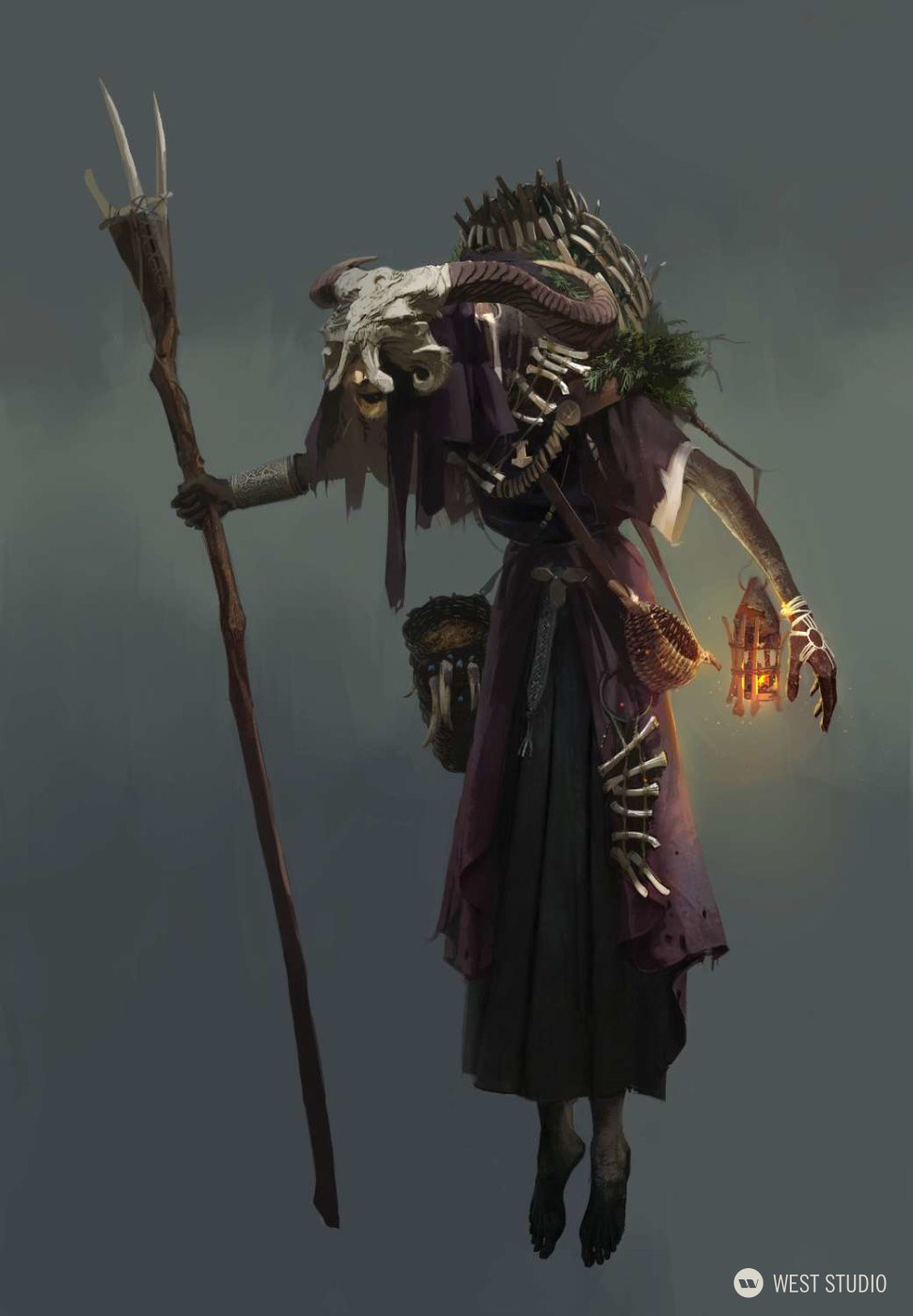 this is a digital illustration of a witch or shaman character. the character has a skull for a head and is adorned with bones. the figure is wearing a dark purple robe and is holding a staff and a lantern. the background is a dark grey. the artwork has a dark and moody atmosphere.