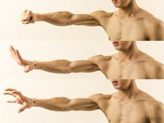 the image displays three variations of the same muscular man's arm in different dynamic poses against a plain white background. the focus is on the arm's musculature and how it changes with each gesture. the man is shirtless, emphasizing the definition of his arm, shoulder, and chest muscles.