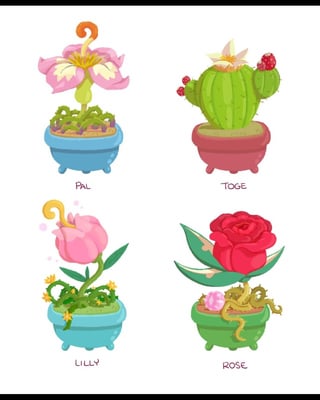 the image showcases four distinct cartoon illustrations of potted plants, each bearing a unique name: pal, toge, lilly, and rose. each plant is rendered with vibrant colors and stylized features, making them visually appealing and engaging.