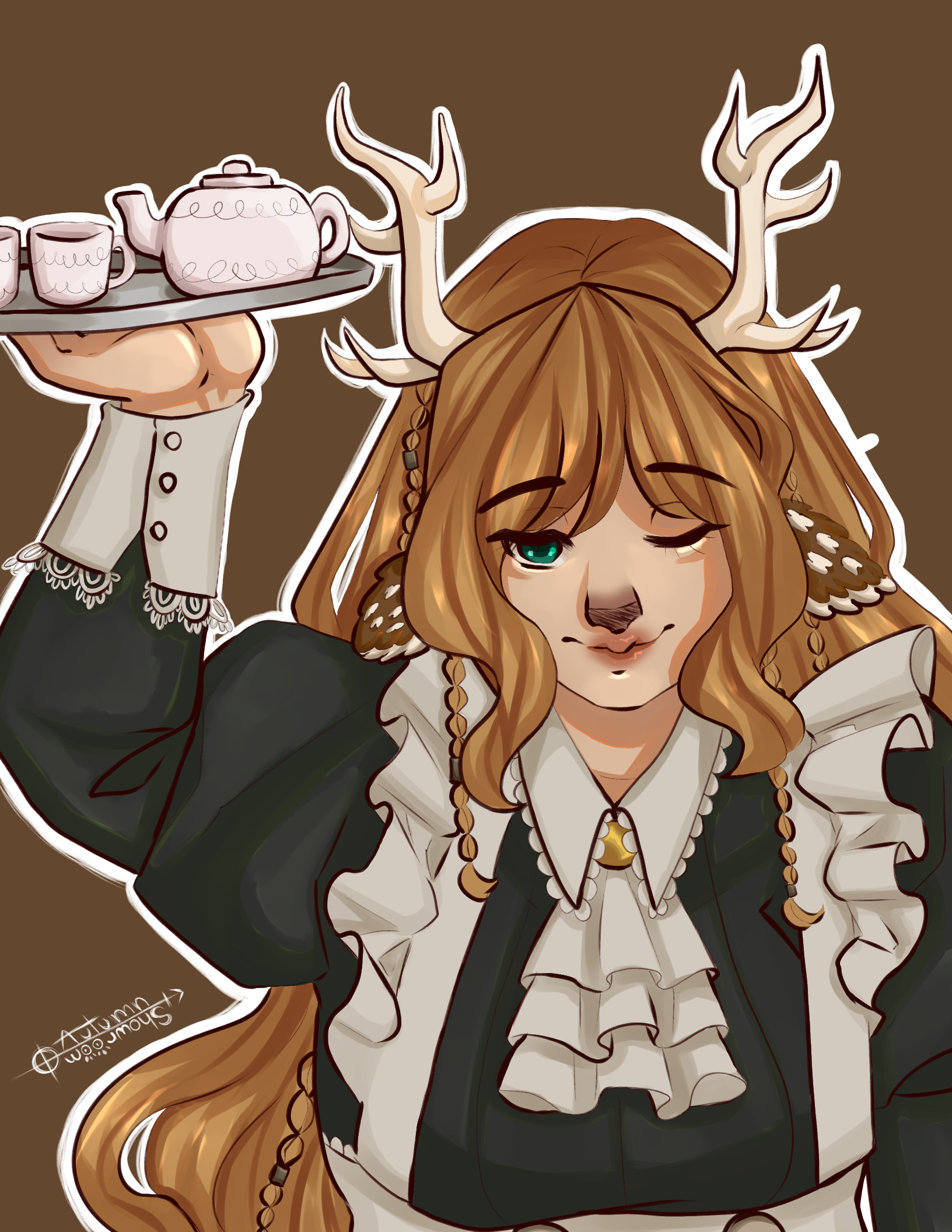 a digital drawing of a  young woman with deer antlers, dressed in a maid outfit.  she's winking while balancing a tray with a teapot and teacup on her hand. her hair is long and light brown, she's wearing a black and white maid dress. the background is a solid brown.  the style is reminiscent of anime and digital illustration.