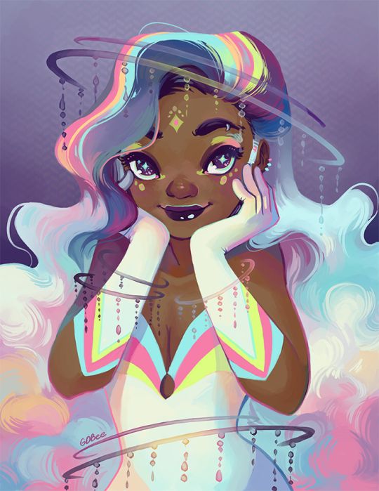 the image is a digital illustration of an animestyle girl with long, rainbowcolored hair. her eyes are large and sparkling, and she has pink and blue makeup. she is wearing a white dress with colorful details and has her hands near her face. the background is a dreamy, ethereal blend of pastel colors, clouds, and stars. the overall impression is one of fantasy, magic, and whimsy.