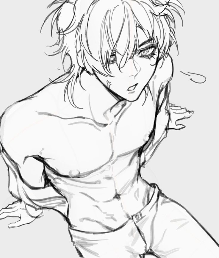 a line art drawing of an anime boy. he has short, spiky hair. he's shirtless and wears pants. he has abs.  he has a carefree expression on his face as he looks up. he's drawn in a very casual pose, as if he's not paying much attention to what is happening around him.