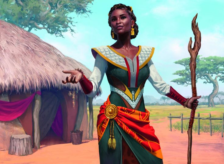 the image is a vibrant digital painting or illustration depicting a darkskinned african woman standing in front of a traditional thatched hut in a savannah setting.  she's wearing richly colored, elaborate clothing suggestive of both traditional african and fantasy elements; a blend of greens, oranges, reds and white fabrics are displayed in her dress. she's adorned with gold jewelry and holds a staff that resembles a magic wand, suggesting she may be a sorceress or shaman. her expression is welcoming and her gesture invites the viewer closer. the overall style is fantasy art with strong elements of african cultural representation.  the background features a simple yet effective portrayal of an african village and landscape.