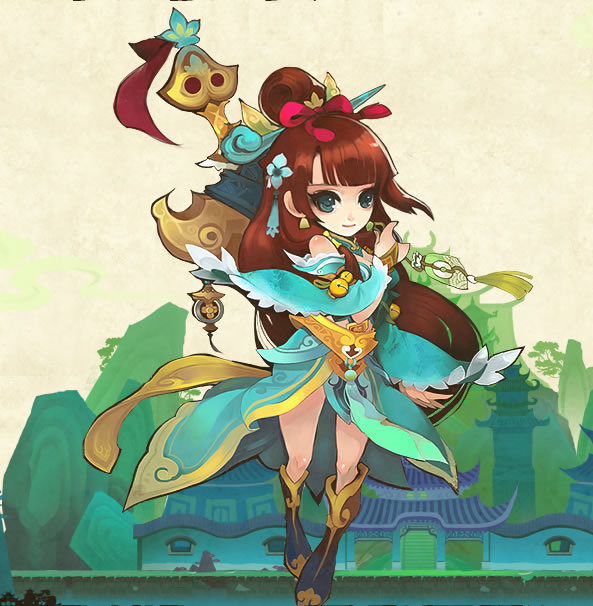 a young, cartoonstyled female character with long brown hair, wearing a blue and gold outfit and holding a large sword stands posed against a backdrop of green mountains, traditional chinese buildings, and a cloudy sky. she appears to be a warrior from a fantasy game, perhaps inspired by chinese culture.  her expression is confident and playful.