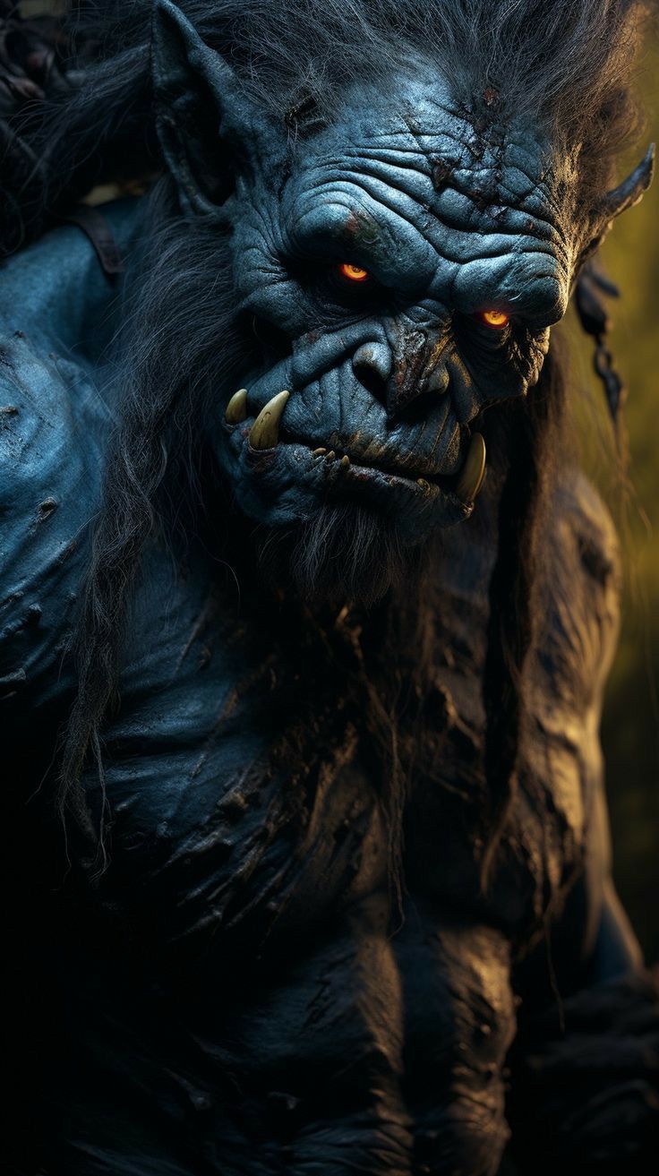 a closeup portrait of a menacing trolllike creature with blue skin, prominent fangs, and glowing orange eyes. the creature has a muscular build and is covered in dark hair. the artwork is digitally created and portrays a grotesque, fantasy monster.