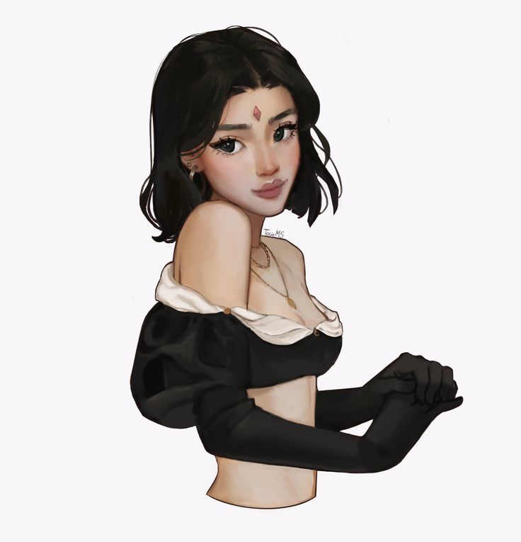 this is a digital illustration of a woman with black hair. she is wearing a black dress with white detailing and black gloves. she has a red diamond on her forehead, and she is looking at the viewer with a slight smile. the background is white.