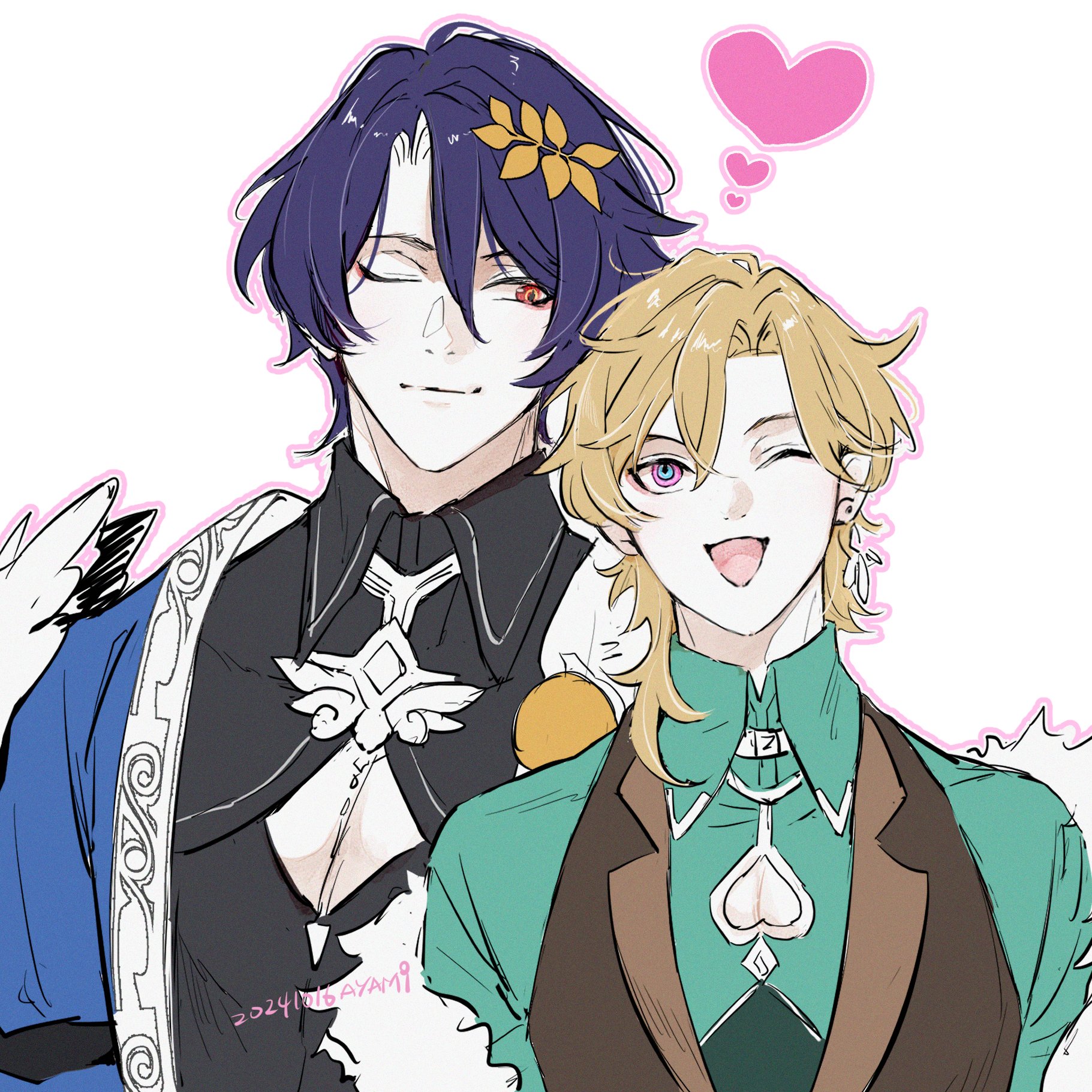 this is an illustration of two male anime characters. the character on the left is wearing a black suit with blue accents, while the character on the right is wearing a brown and green suit. the character on the right is looking at the viewer and winking, and the character on the left is looking at the character on the right and blushing. there are hearts floating above their heads. they appear to be a couple, and are very much in love.
