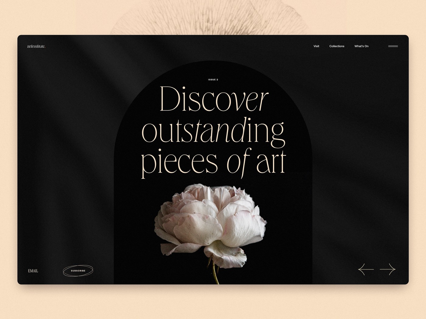 the image is a website mockup with a black background and white text. it features a white rose in the center, with the words "discover outstanding pieces of art" displayed prominently. the website has a minimalist design with a focus on elegance and luxury.
