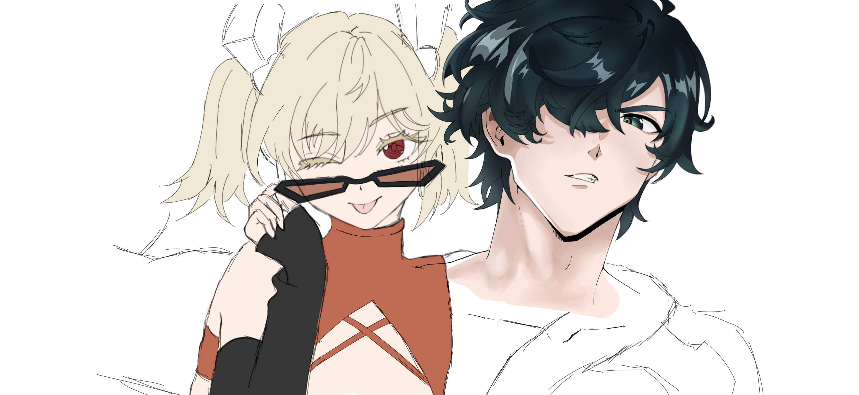 the image is a digital drawing, seemingly a work in progress (wip), depicting a young animestyle woman with blonde hair and a young man with teal hair. the woman is playfully holding sunglasses to her face, one eye closed, and her tongue sticking out slightly. she's wearing an orange sleeveless top and dark gloves. the man has dark teal hair and is positioned slightly behind her, with his gaze directed somewhat away from the viewer. his attire appears to be a white shirt.  the style is reminiscent of anime and manga art, with characteristic features like large eyes and expressive poses. the background is plain white, emphasizing the characters. the artwork is incomplete, with some areas still in a sketch phase.