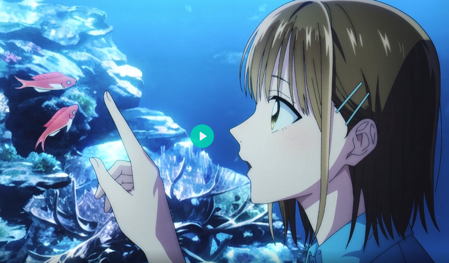 the image is a still from an anime featuring a young girl with shoulderlength brown hair, wearing a light blue shirt. she's standing in front of an aquarium, her finger pointed towards two small, reddishorange fish swimming near some rocks.  the girl has a look of fascination or wonder on her face. a play button icon is visible in the background, suggesting this is a promotional still for an anime video. the overall aesthetic is bright and serene, with a focus on the underwater scene.