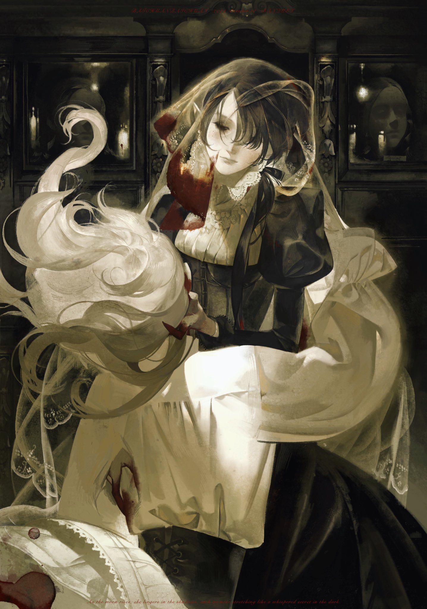 the painting is a dramatic and melancholic depiction of a woman in a dark, gothic setting. she is dressed in a long, black dress with a white veil draped over her head. her hair is long and flowing, and her eyes are closed. she is holding a small, white object in her hands, and there is a small amount of blood on her chest. in the background, there are two mirrors and some candles, adding to the atmosphere of mystery and suspense. the painting is a haunting and evocative image that leaves the viewer wondering what has happened.