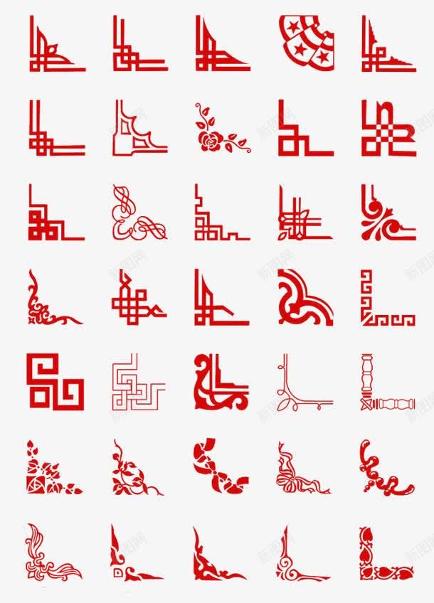 this image showcases a collection of 36 red chinese ornamental corner designs, beautifully arranged in a grid pattern. each corner features a distinct, intricate pattern, reflecting traditional chinese art and architecture. the designs range from geometric shapes and line patterns to more elaborate floral and figurative motifs. they are ideal for adding a touch of traditional chinese flair to borders, frames, or any design project.