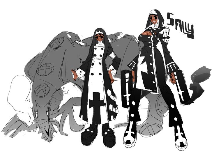 this is a sketch of two nuns wearing black and white clothing. they have crosses on their outfits and skullshaped shoes. the nuns are holding weapons and the one on the right is labeled "sally". they both appear to be dark and scary.