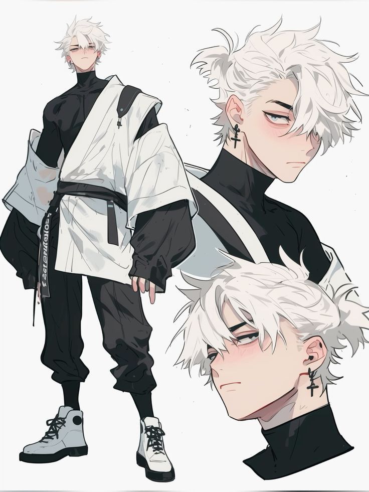 the image showcases a detailed character design of an animestyle male character with long, white hair styled in several different ways.  the character is depicted in multiple views: a fullbody shot showing his clothing and accessories, and two closeup portraits displaying different expressions and hair arrangements.  he is dressed in fashionable streetwear that blends traditional asianinspired elements with modern clothing such as an oversized white garment reminiscent of a kimono or haori, layered over a black turtleneck and pants. the character also wears hightop sneakers and has various accessories including crossshaped earrings and a belt.  the overall style is sleek and modern with a focus on detail in the clothing, hair, and facial features. the artwork is digitally rendered in grayscale with subtle shading and highlights to create depth and dimension.