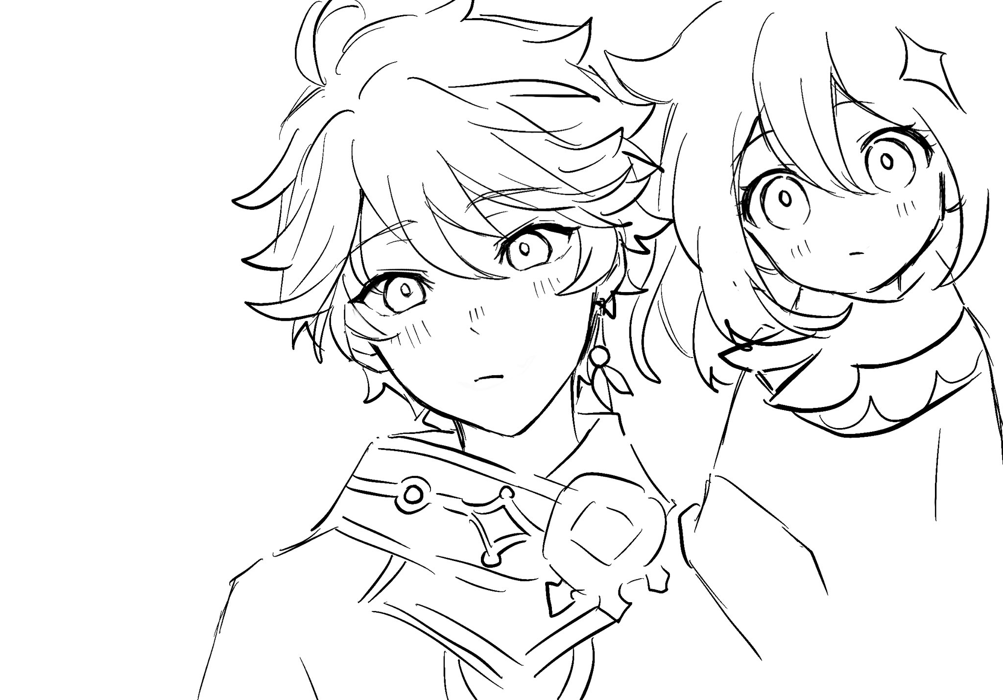 a black and white line art drawing of two anime characters, a boy and a girl, looking at each other with a smile. the girl's head is tilted toward the boy as if she is admiring him, and the boy is blushing slightly. the girl has long hair, and the boy has shorter hair. both have big, round eyes. the girl's eyes are wide open and seem surprised or delighted. both are smiling. they look like a couple.