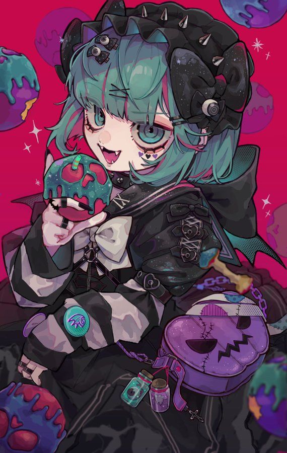 a digital illustration of an anime girl with green hair and a black sailor collar, wearing a black and white striped jacket, a black hat with spikes, and a purple pumpkinshaped bag, holding a green candy apple in her hand. there are several pink and purple candies around her, and the background is a vibrant pink color. the girl has a cute and spooky look, with fangs and a mischievous smile. she looks like a fun and stylish character who's ready to celebrate halloween!