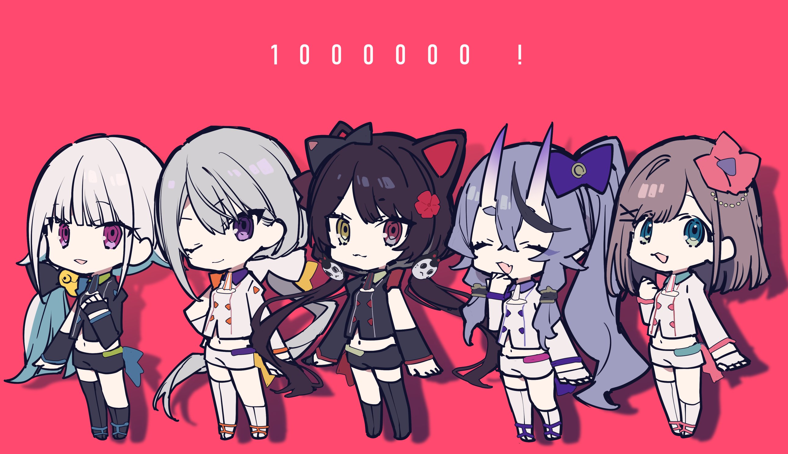 the image shows a group of five animestyle chibi characters, likely vtubers, celebrating reaching one million. they are positioned sidebyside against a solid pink background, with "1000000 !" written above them, signifying a milestone achievement. each character has unique features like hair color, hair decorations, and clothing details. the style is vibrant and cute, with a lighthearted and celebratory tone.
