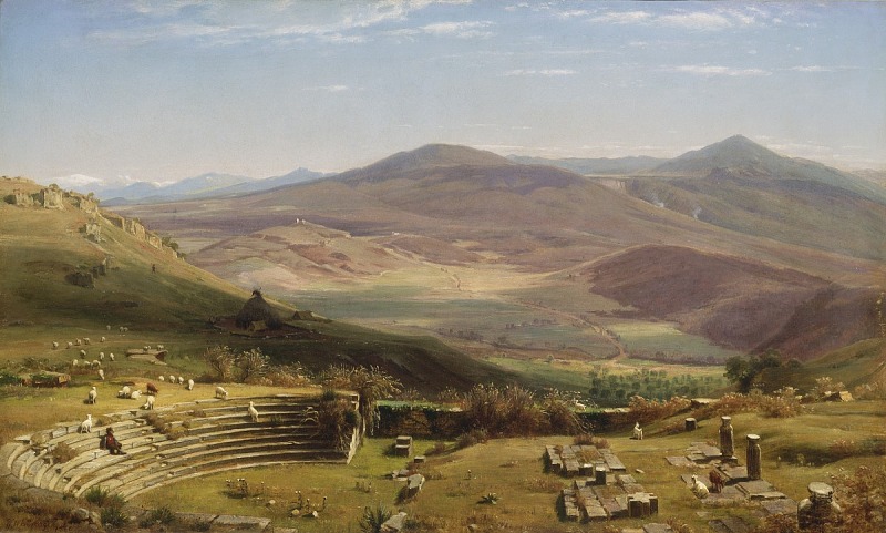 a landscape painting depicts a broad valley surrounded by mountains and hills under a partly cloudy sky. in the foreground are ruins of an ancient amphitheater with stone seating and a few figures present. sheep graze on the grassy slopes nearby. in the distance, the valley stretches out, with trees and cultivated fields visible. mountains rise in the background, with a few structures visible on the higher ground.