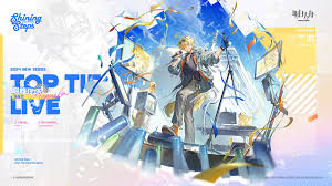 this is a promotional image for "shining steps," a 2024 series event called "top tlz live." the image features a blond man singing into a microphone, apparently at a live concert.  confetti is in the air. around him is stage equipment including various screens.