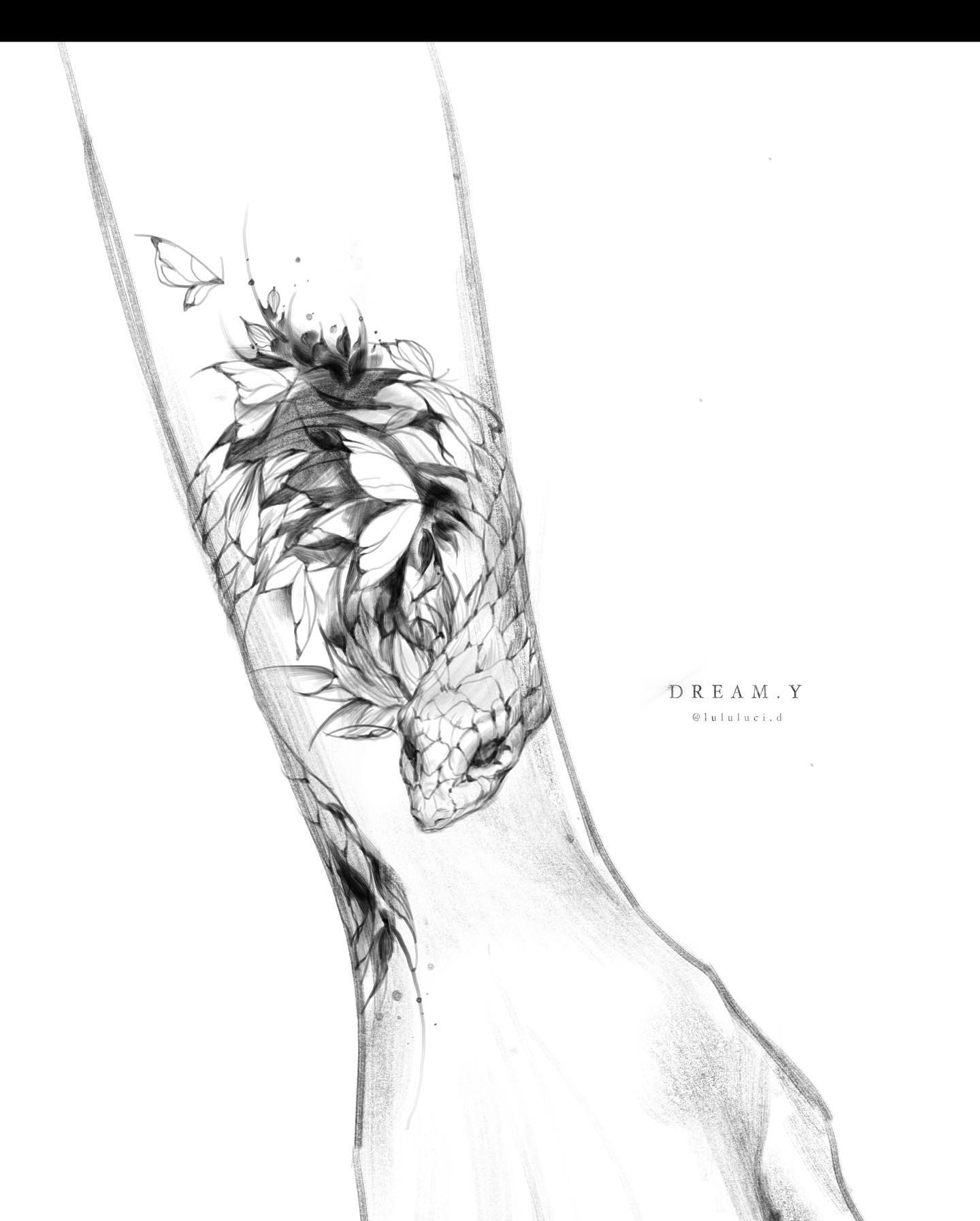 the image is a black and white sketch of a snake tattoo design. the snake is coiled around the wrist, with its head facing down. the snake's body is decorated with flowers and leaves.