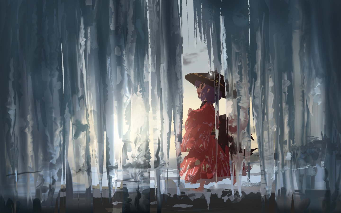 he image is a digital painting of an animestyle girl standing amidst a curtain of icicles. she is wearing a red kimono and a widebrimmed hat. the background is a wintry landscape with a subtle sunset visible beyond the ice formations. the art style is painterly and slightly abstract. the girl appears serene and contemplative. the color palette is muted, with the red of the kimono standing out against the cool tones of the ice and sky. the overall mood is one of quiet mystery and beauty.