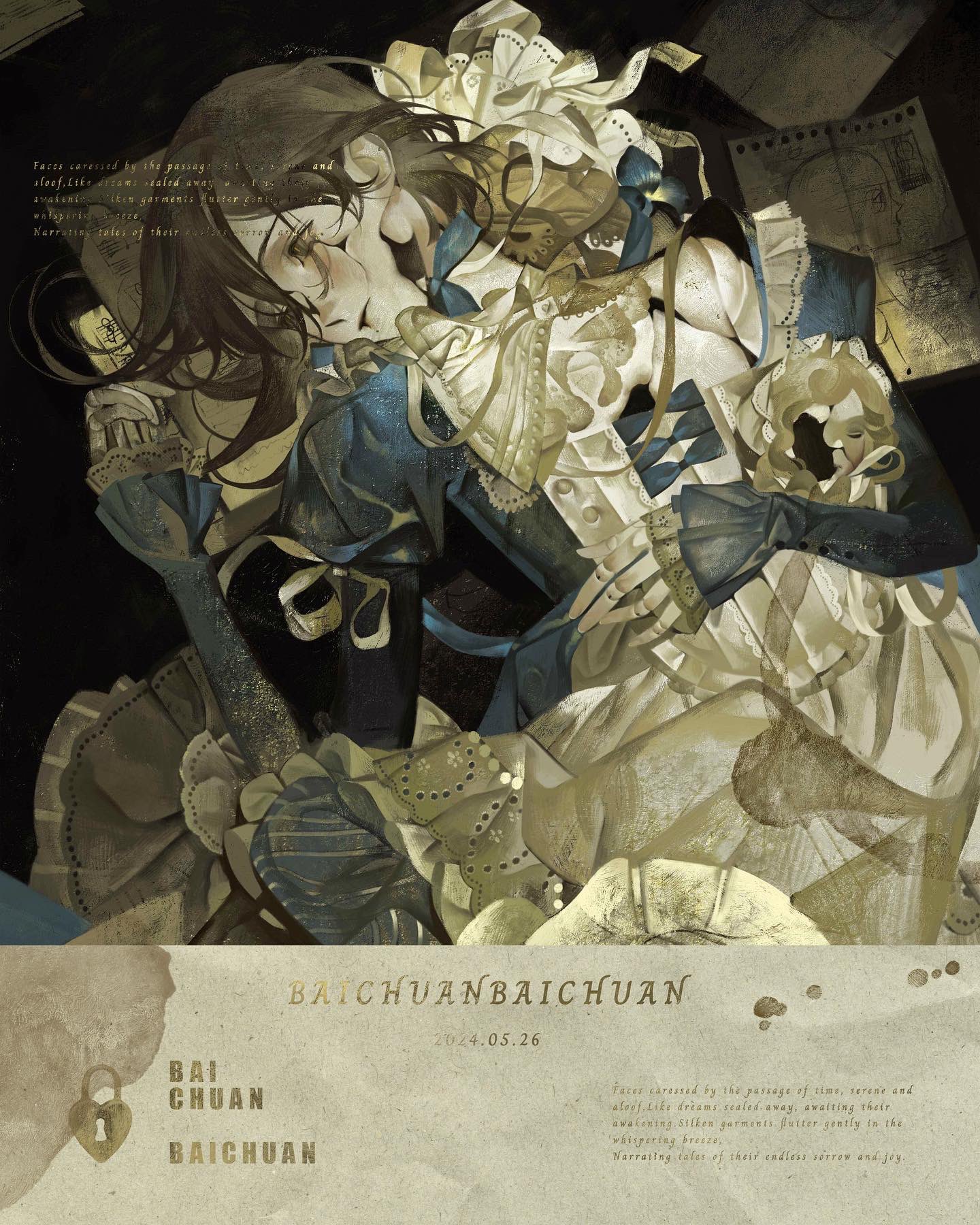 the image is a digital illustration that portrays a scene of two anime girls in elegant maid outfits. they are embracing each other, but the girl in blue is crying, suggesting heartbreak and loss. they are surrounded by a vintage aesthetic setting, including flower, lace, and  vintage textures,  which adds to the sense of nostalgia and sorrow. the artwork has a dark and gothic feel with shadow and light, and it is a visual story of love and grief, time and memories.