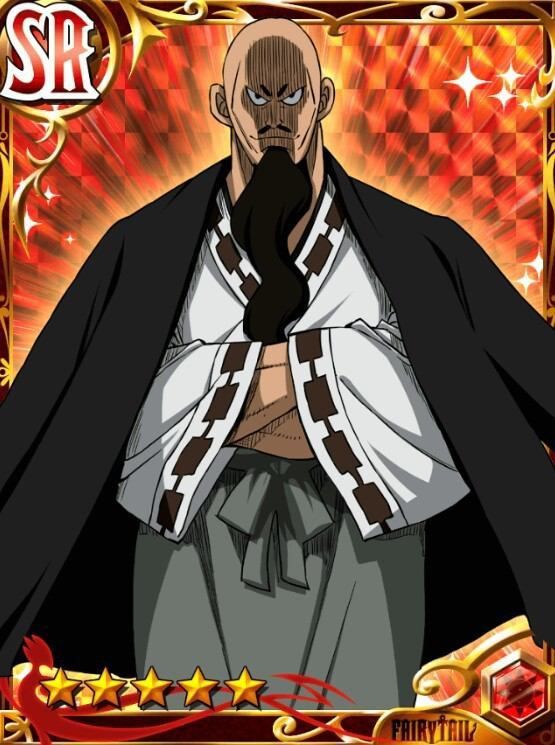 the image shows a digital art illustration of a male character from the anime/manga series "fairy tail".  he has a bald head with a long black beard. he is wearing a white shirt, black robe, and dark gray pants. his facial expression is serious and his eyes are narrowed. he looks like a powerful wizard or sorcerer. the background is a red, gold, and black design, common in fantasy and gamecard design.  the card has a red and gold border and the text "sr" in a red box at the top.  it seems to be a collectible card from the "fairy tail" anime series.