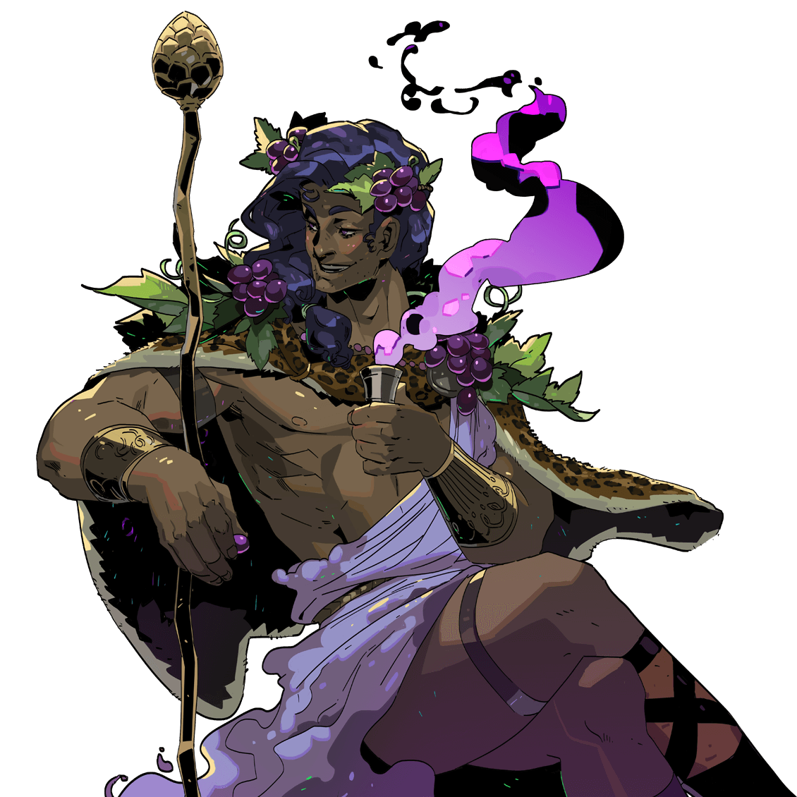 this is a digital art illustration of a male god, possibly dionysus or bacchus, the god of wine. he is depicted with a golden staff topped with grape vines and leaves, he is wearing a leopard print tunic, and a purple robe, with a wreath of grape vines around his head. he holds a goblet of purple wine in his hand, and purple smoke is billowing out of it. he is in a relaxed pose and his expression is one of enjoyment.