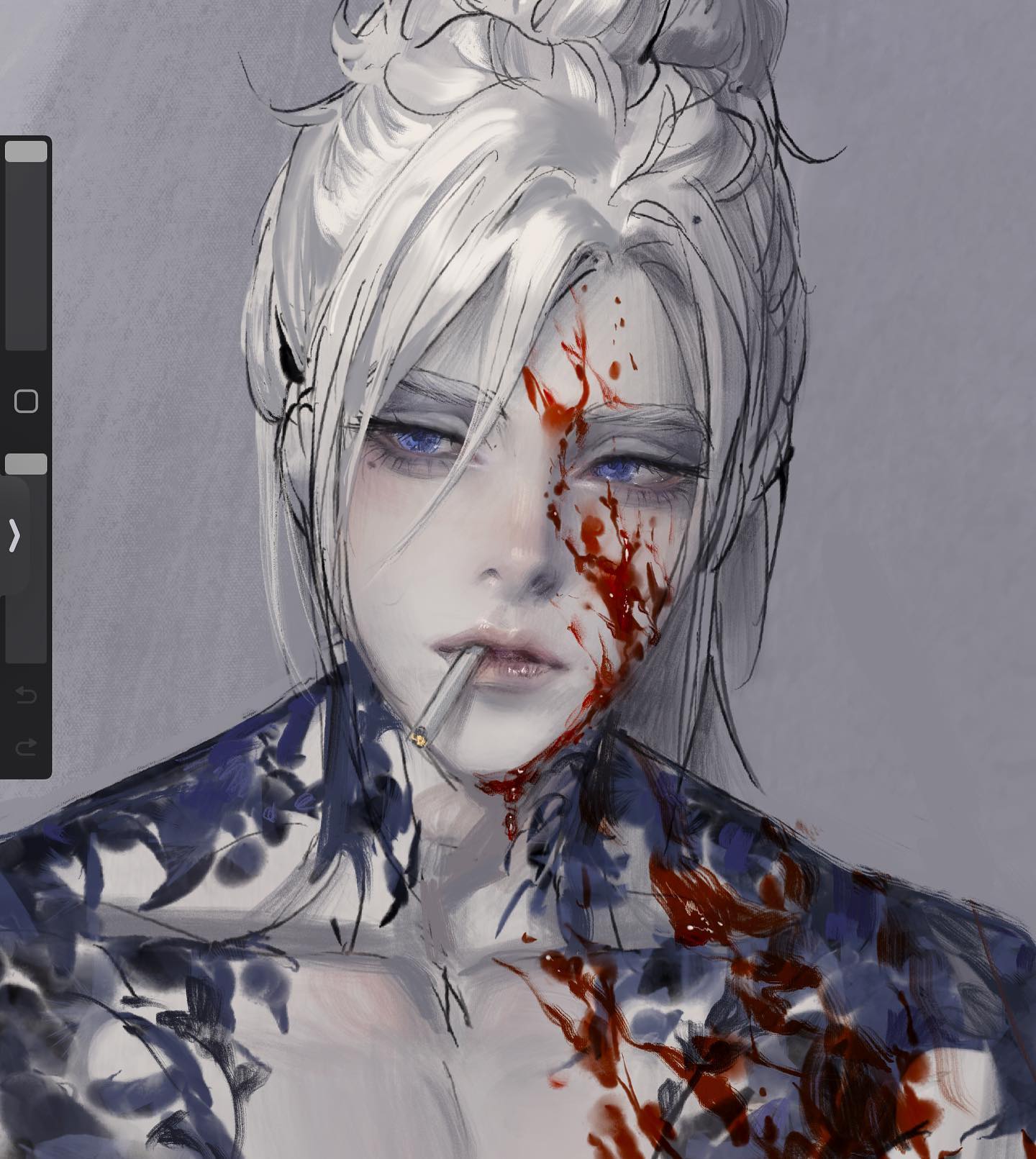 the image is a stylized portrait of a woman with white hair and blue eyes, partially obscured by splatters of blood on her face and chest. she has a cigarette dangling from her lips and wears a dark floralpatterned top. the overall palette is muted and cooltoned, contributing to a melancholic and slightly unsettling atmosphere.