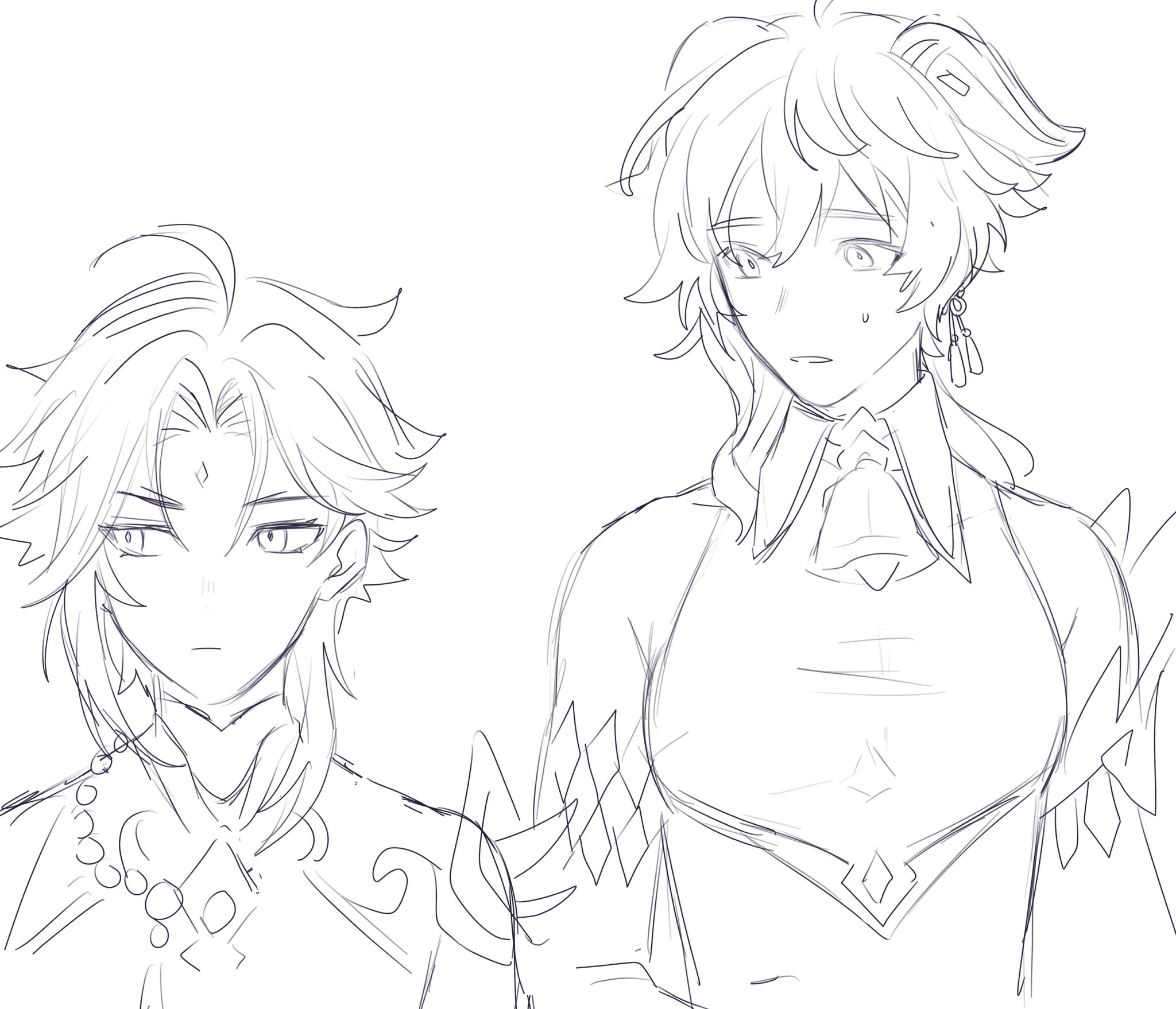 a line art sketch of two anime boys, one in a more ornate outfit and the other in a simpler outfit. they are looking in different directions, with the boy on the left looking serious and the boy on the right looking confused. the background is white.