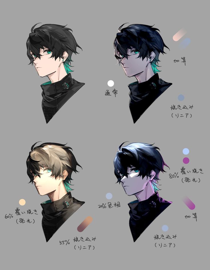 this image showcases a digital illustration of a male anime character in four different lighting and color variations. the character has short, dark hair and is wearing a black and teal outfit. the image appears to be an art study focusing on different color palettes and lighting techniques to achieve different moods and effects. the artist has labeled each variation with the specific techniques and percentages used, such as "overlay," "multiply," and "linear burn." this suggests that the image is intended as a learning resource for aspiring digital artists interested in improving their coloring and lighting skills.