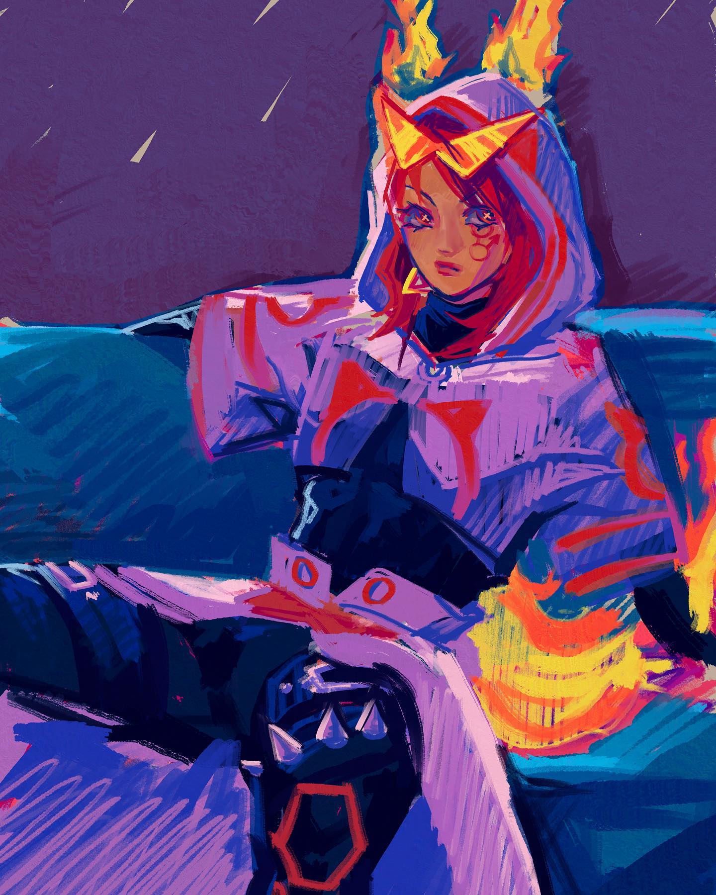 the image is a vibrant digital painting of a stylized female character.  she appears to be animeinspired, with exaggerated features and a powerful pose.  she is wearing a hooded, flowing garment with  firelike elements incorporated into both her attire and headdress.  the color palette is extremely saturated, utilizing neon shades of purple, orange, yellow, and blue.  she's sitting on what appears to be a dark blue couch, against a backdrop of a night sky with falling stars. the painting style is loose and expressive, focusing on bold brushstrokes and creating a dynamic, energetic feel. the overall impression is one of fantasy and power.