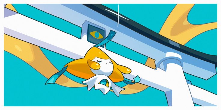 the image is a vibrant, stylized digital illustration featuring a cartoon character that resembles a pokémon (possibly a staryu evolution), with a predominantly yellow and orange body and white details. it has a sad expression and appears to be floating or suspended underneath a large, simplified, and brightly colored torii gate. the background is a teal and yellow color scheme, creating a whimsical and dreamlike atmosphere. the art style is reminiscent of anime or manga, with clean lines and bold colors.  the overall feel is cute, but melancholic.