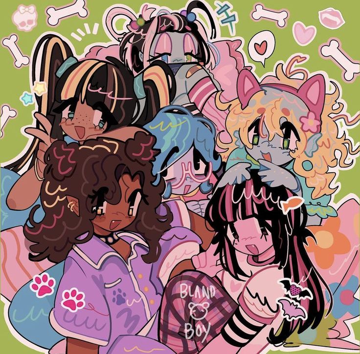 a group of 6 cartoon girls are hanging out together, they're all wearing different outfits, with their unique hairstyles and expressions, and they're all surrounded by colorful and playful designs and patterns.  the image is drawn in a style that's reminiscent of anime and kawaii aesthetics, with a focus on exaggerated features and bright colors.