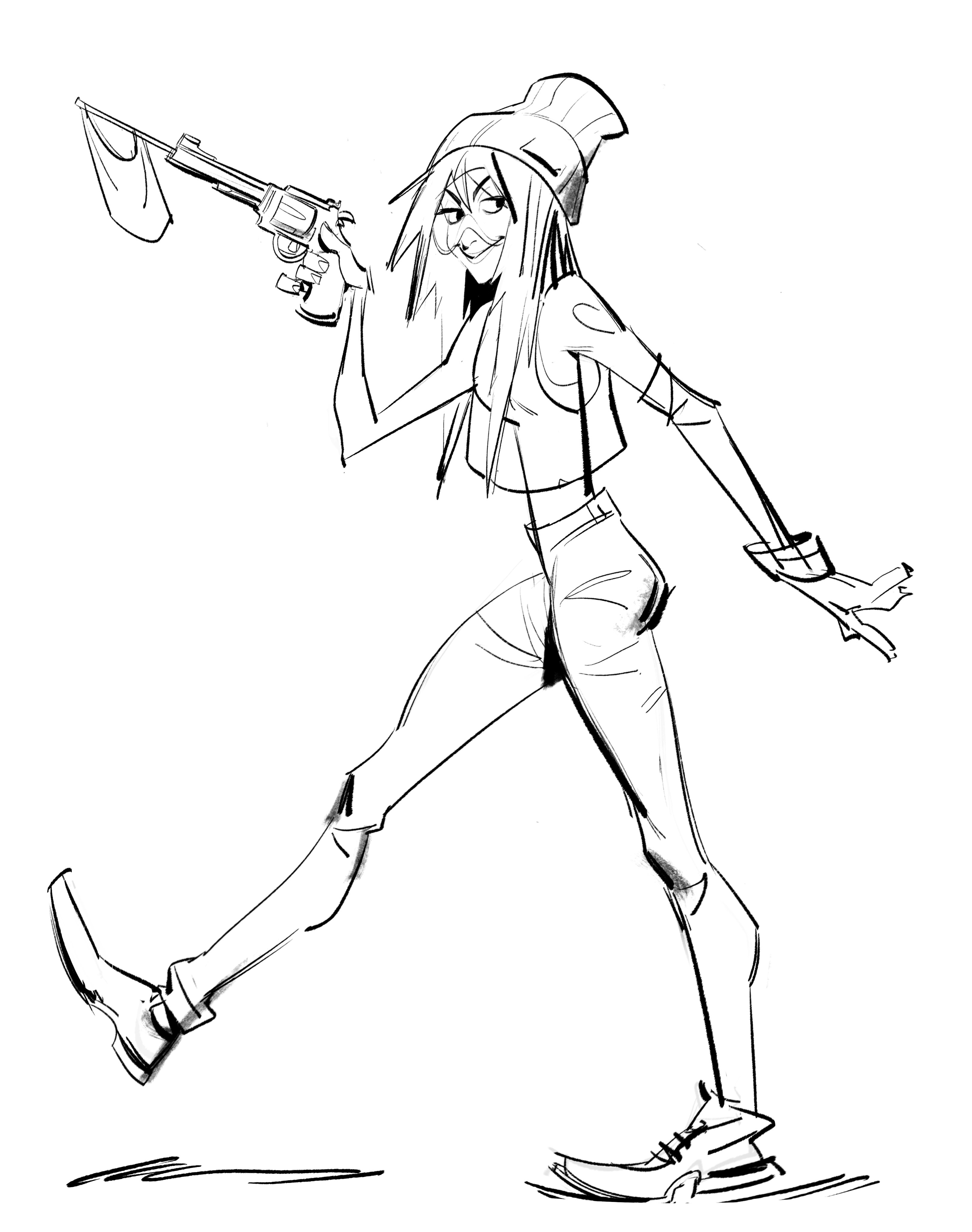 a dynamic line drawing of a young woman, possibly a teenager, walking while holding a revolver. she's wearing a beanie, a short top, and shorts. her expression is confident and almost mischievous. the style is reminiscent of anime or manga, with bold lines and exaggerated poses. the image has a strong sense of movement and energy. the background is white, with only a simple line at the bottom to indicate ground.