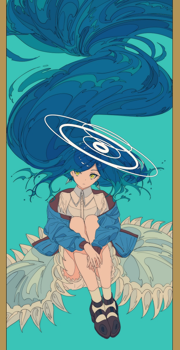 the image is a stylized digital illustration of an anime girl with long, flowing blue hair that resembles swirling water. her hair is adorned with circular, white patterns. she is sitting on what appears to be a stylized creature with a creamcolored, spiky back. she is wearing a blue jacket, light beige shirt, and dark shoes. the background is a teal color, complementing the blue of her hair. the overall style is a blend of fantasy and contemporary fashion illustration. the art is clean and polished with a focus on smooth lines and color gradients.