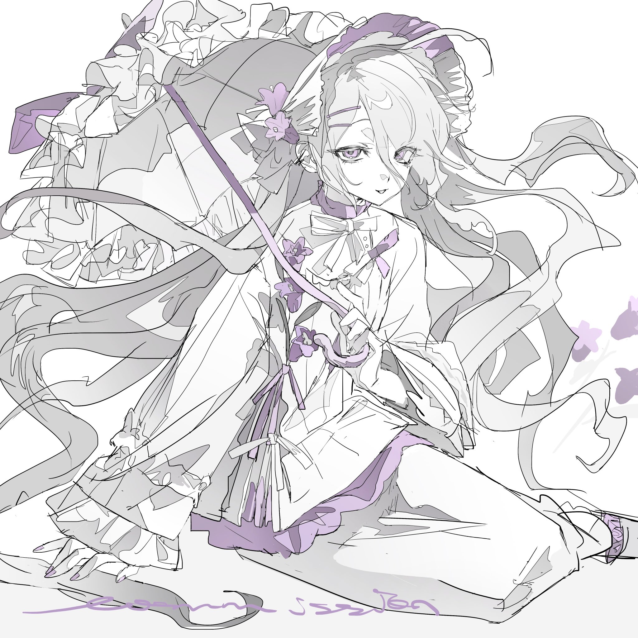 a beautiful anime girl with long purple hair is shown in a black and white line drawing. she is sitting with one leg bent and her arm resting on her bent leg. she is holding a parasol and her hair is flowing in the wind. she is wearing a longsleeved, white shirt and a bow. she is surrounded by delicate flowers.