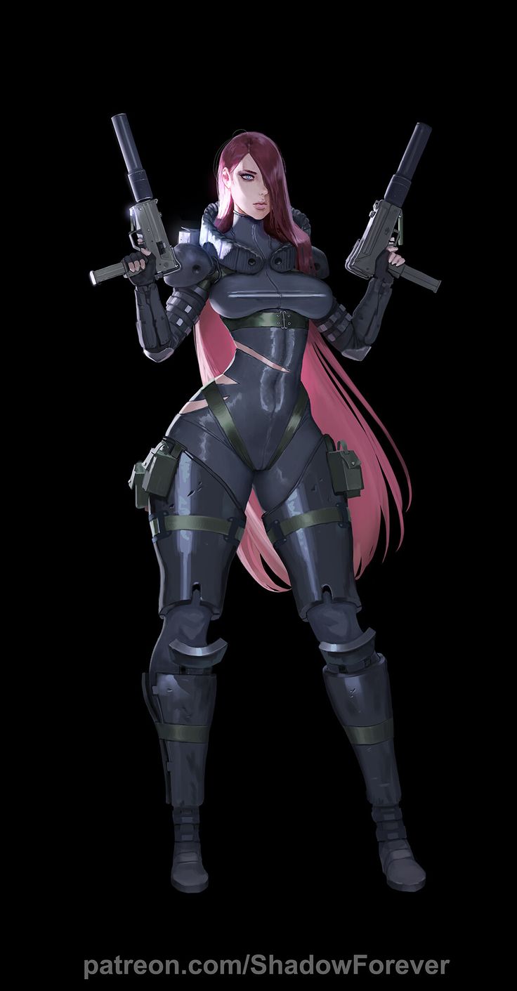 a woman in a scifi soldier suit and pink hair stands holding two guns.
