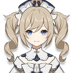 the image showcases a digital illustration of a young, animestyle girl. she is depicted in a frontal pose, her large blue eyes gazing directly at the viewer. her long blonde hair is styled in distinctive twintails, each tied with a white ribbon. she wears a white dress adorned with intricate blue and gold details, reminiscent of a nun's habit. a matching headdress with a cross motif completes her attire. the overall aesthetic evokes a sense of innocence and purity. the soft lighting enhances the delicate features of the character.