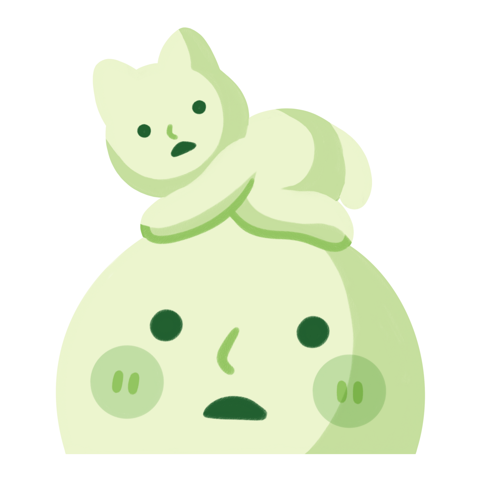 the image is a digital illustration of a light green cartoon moon face with a small, light green kitten sitting on top of its head.  both the moon and the cat have simple, friendly features. the overall style is cute, whimsical, and minimalist, using a pastel color palette. the cat appears relaxed and the moon has a slightly concerned or pensive expression.
