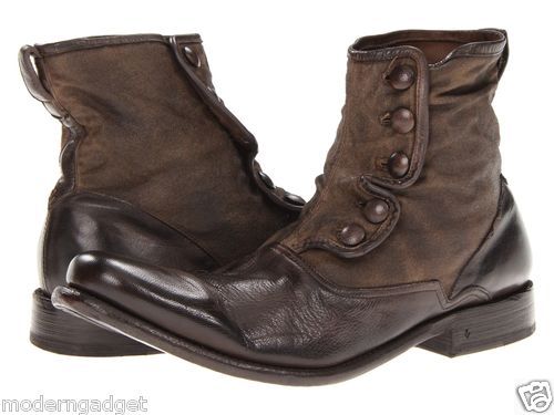 this image shows a pair of men's brown leather boots. the boots are hightop, with a button closure on the shaft. the boots have a rugged look, with a distressed leather finish.