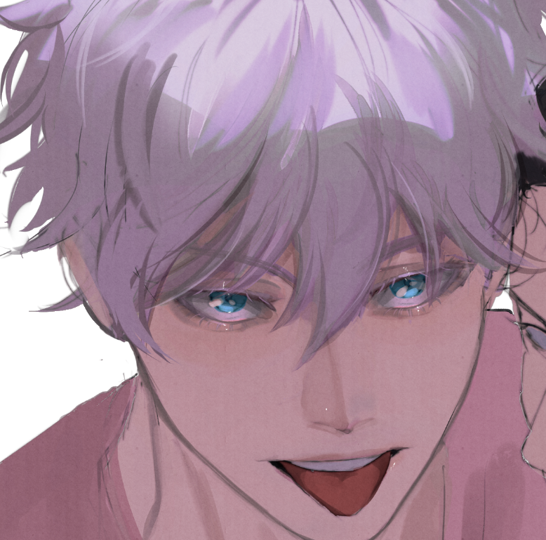a close up portrait of an anime boy. the boy has light purple hair and blue eyes. he is smiling with his tongue out and his cheeks are flushed pink. he is wearing a pink shirt and the background is white.