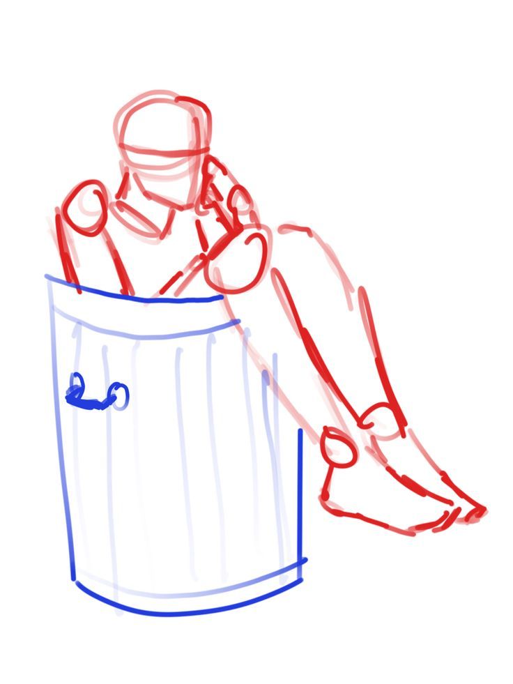 a simple sketch of a person sitting in a trash can. the person is drawn in red outline and the can is drawn in blue outline. the person is sitting with their hands in their lap and their feet tucked in.  the trash can is a simple cylinder with a lid and a handle on the side.