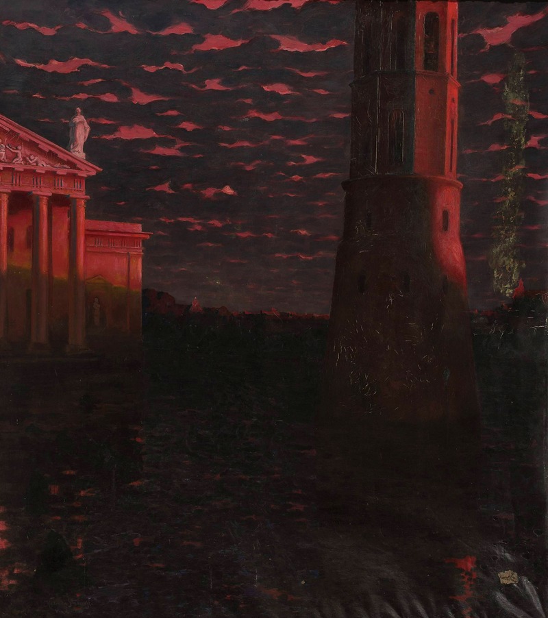 a painting depicts a dark landscape under a red, cloudy sky. a classical templelike building stands on the left, lit by red light, with a statue on its roof. to the right is a tall tower, also illuminated in red. a dark cypress tree is near the tower. the ground is shadowy and indistinct, suggesting a field or open space. the overall atmosphere is ominous and dramatic.