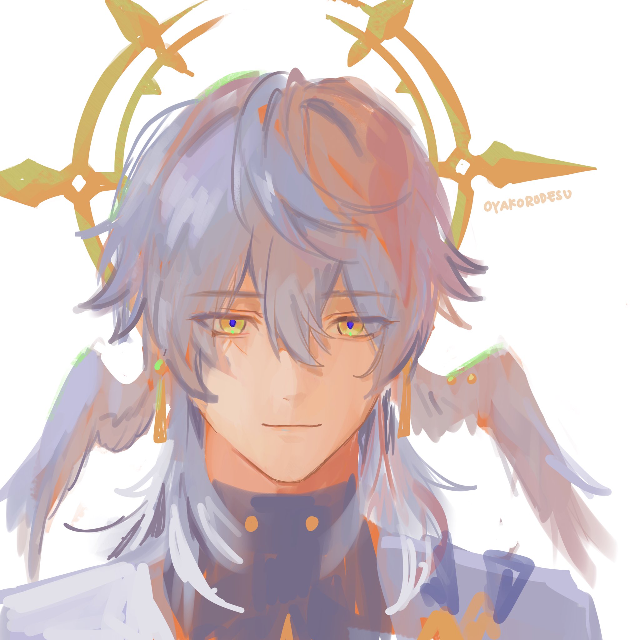 an anime drawing of a male character with long white hair, wearing a white garment and a halo above his head. the character has yellow eyes, and he's looking at the viewer, seeming to smile softly. the drawing is in soft, pastel colors.  the character looks angelic and celestial.