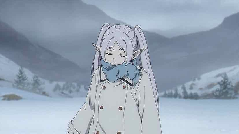 a young anime girl with long white hair and pointy ears stands in a snowy landscape. she is wearing a white coat and a blue scarf, her eyes are closed. the background is a mountain range covered in snow, and there are a few trees visible in the distance. the overall palette of the image is cool and muted, with shades of gray and blue dominating.