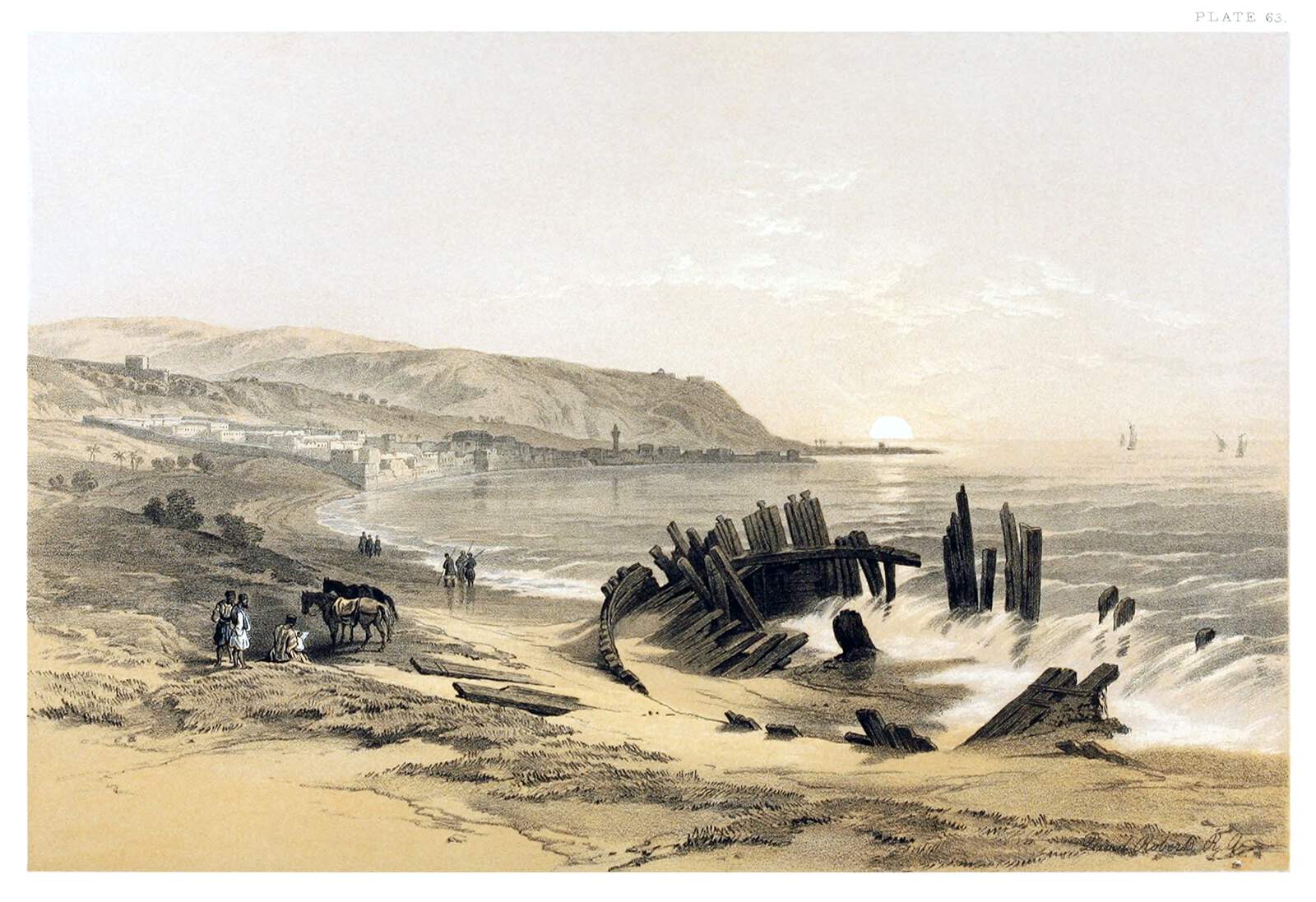 a drawing depicts a coastal scene with the remains of a shipwreck in the foreground. a town is visible in the distance, nestled along the coast and at the foot of hills. the sun appears to be setting or rising, casting a glow over the water. waves crash around the wreckage of the ship. people and horses are present on the sandy beach. boats can be seen on the water in the distance.